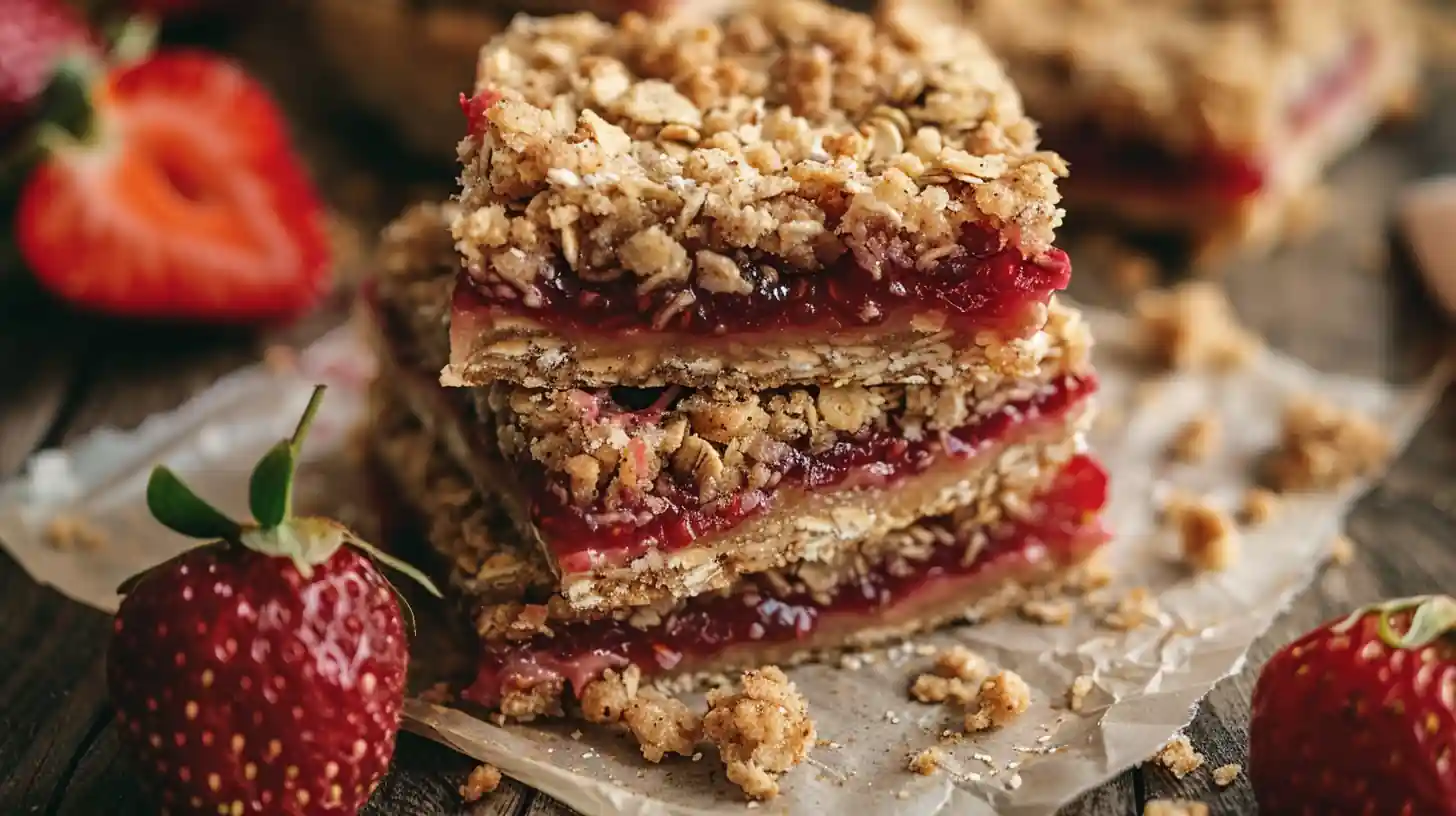 Healthy strawberry oatmeal bars closeup with juicy berry filling and oat crumble