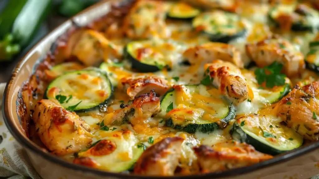 Cheesy baked high-protein chicken zucchini bake close-up