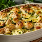 High-protein chicken zucchini bake in white dish