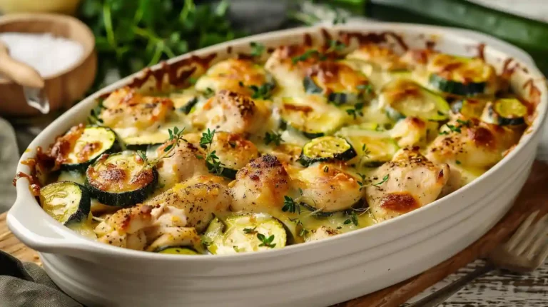 High-protein chicken zucchini bake in white dish