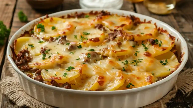 Hobo Casserole (Ground Beef)and melted cheese in a white baking dish