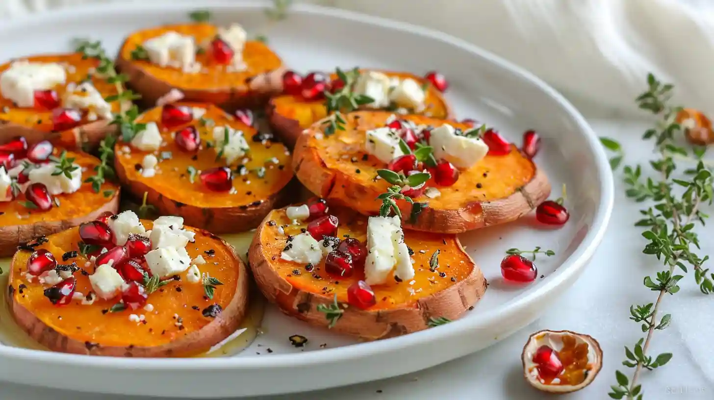 Honey Feta Sweet Potato Rounds topped with pomegranate and herbs