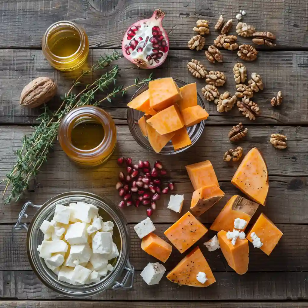 Ingredients for Honey Feta Sweet Potato Rounds including feta, sweet potatoes, and pomegranate