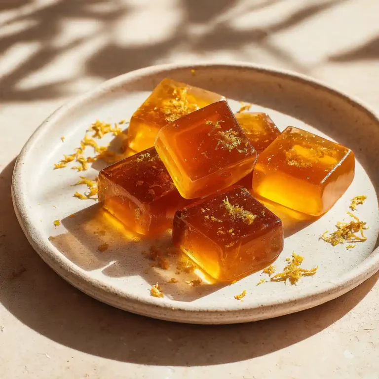 Honey lemon turmeric gummies stacked on a ceramic plate in sunlight