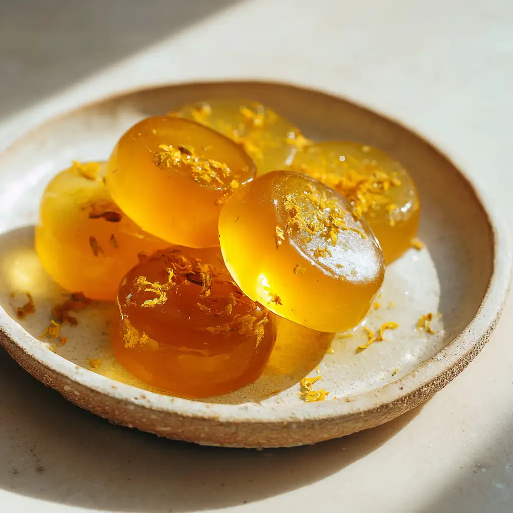 Round honey lemon turmeric gummies displayed in warm sunlight