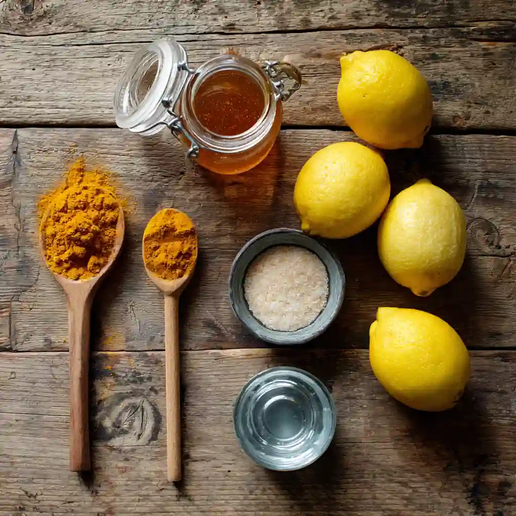 Ingredients for honey lemon turmeric gummies on a rustic wooden table