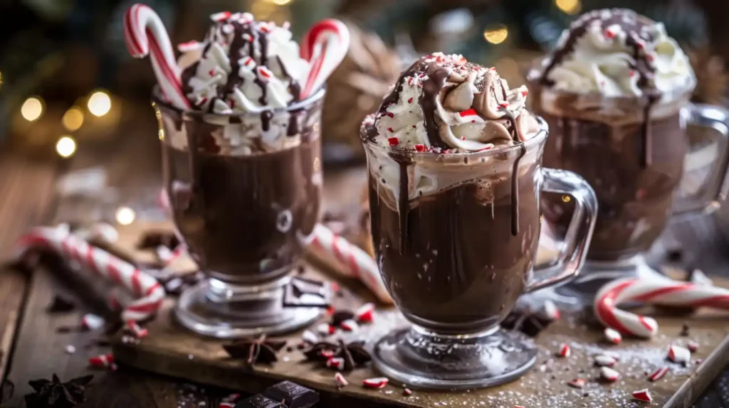 Holiday Hot Chocolate Floats with whipped cream and striped peppermint straws