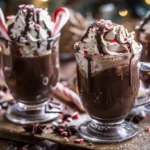 Holiday Hot Chocolate Floats with whipped cream and striped peppermint straws