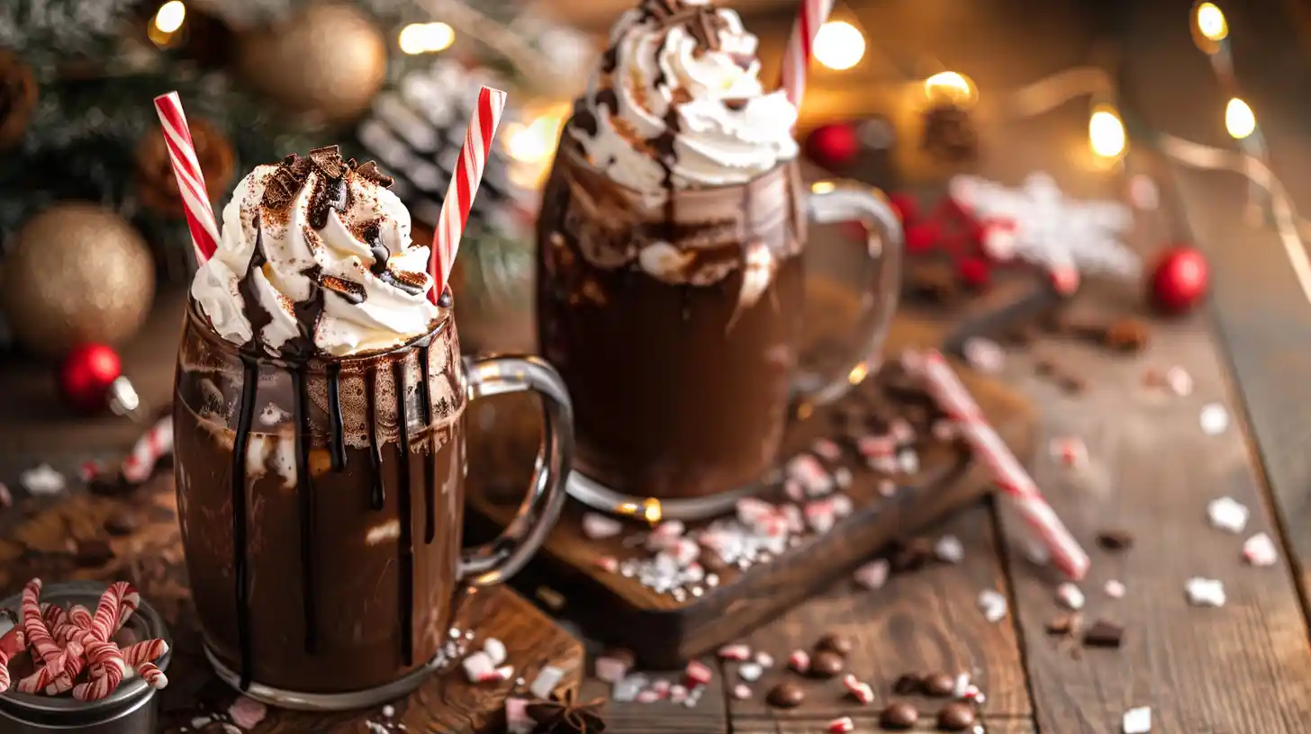 Hot Chocolate Floats topped with whipped cream and crushed peppermint in glass mugs