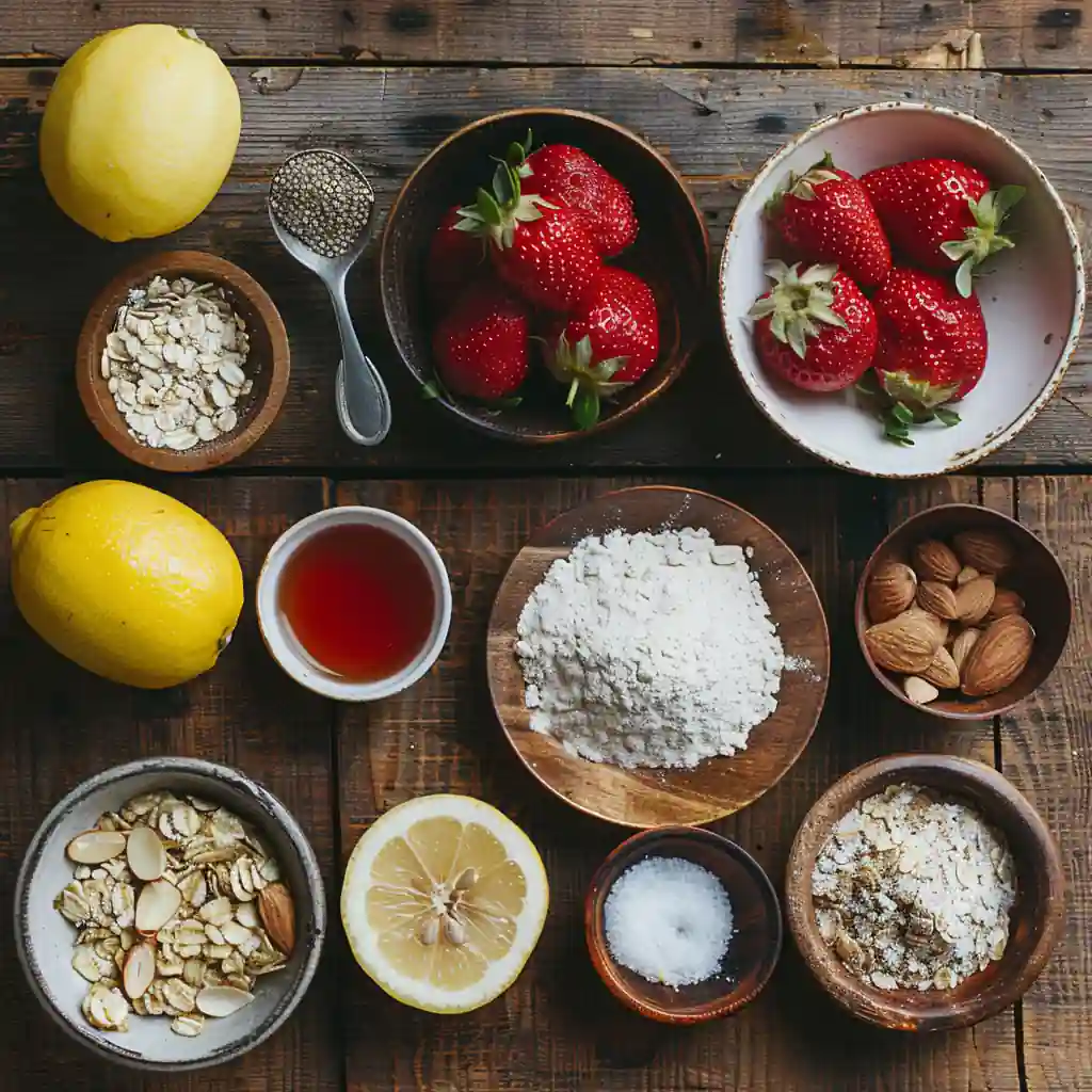 Ingredients for strawberry oatmeal bars including strawberries, oats, and almonds