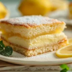 Close-up of layered Italian lemon custard cake with lemon garnish