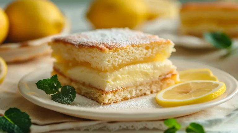 Close-up of layered Italian lemon custard cake with lemon garnish