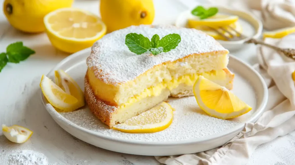 Top view of Italian lemon custard cake dusted with powdered sugar