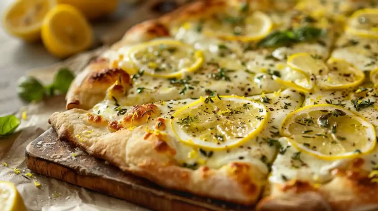 Lemon pizza with fresh herbs and mozzarella on crispy crust