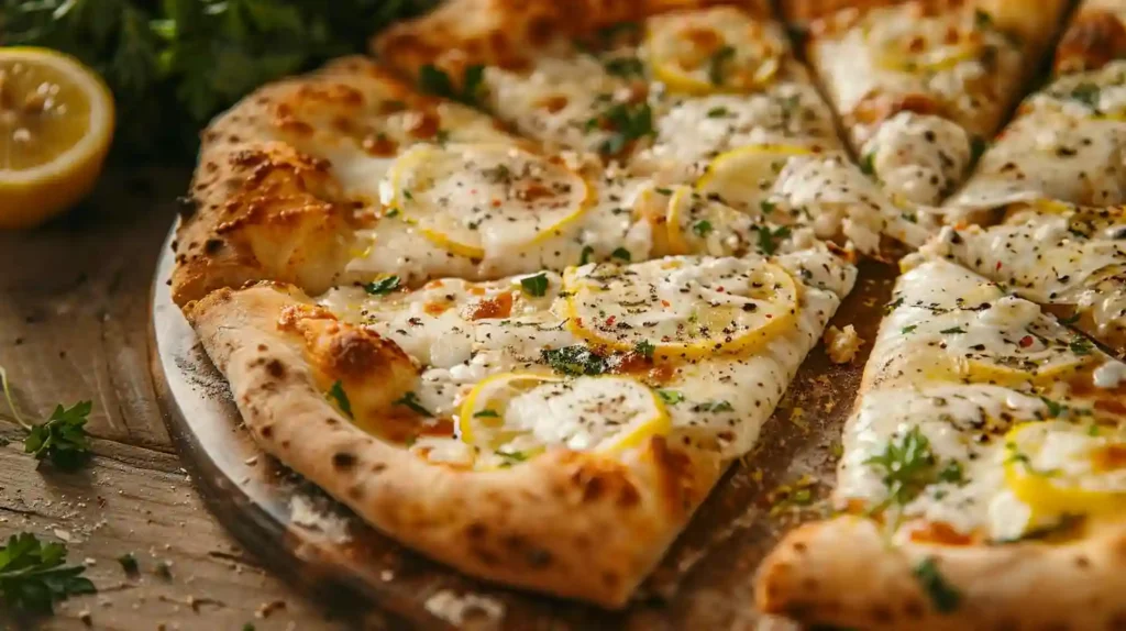 Sliced lemon pizza with fresh herbs and golden crust