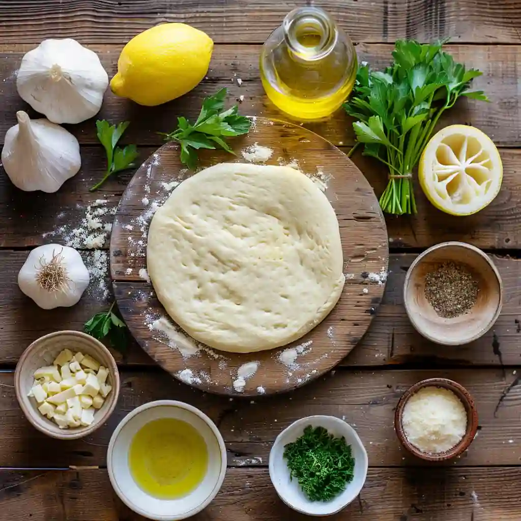 Ingredients for lemon pizza with fresh herbs on wooden table