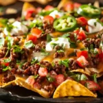 Loaded nachos salad with ground beef, cheese, sour cream, and fresh toppings.