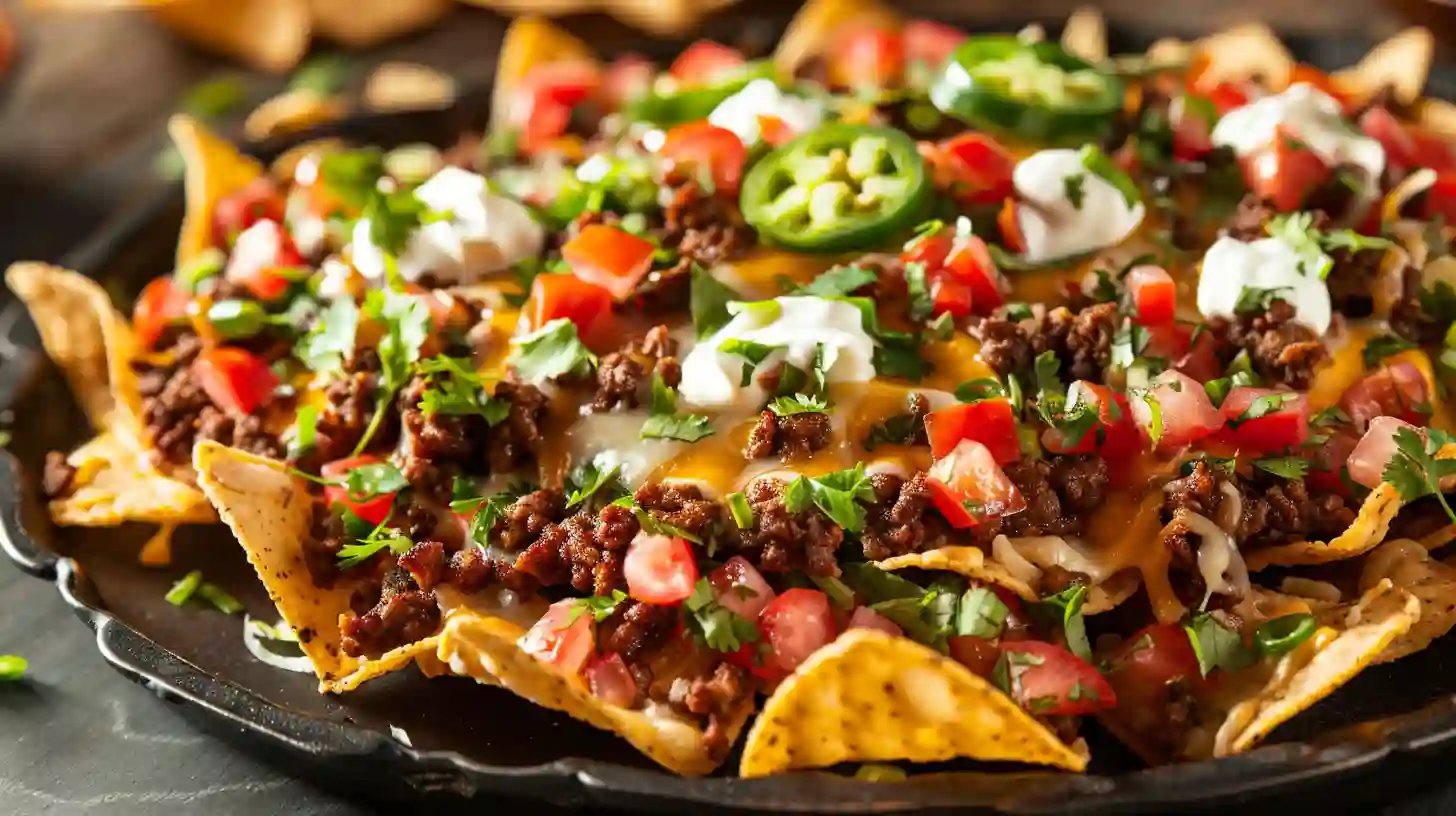 Loaded nachos salad with ground beef, cheese, sour cream, and fresh toppings.