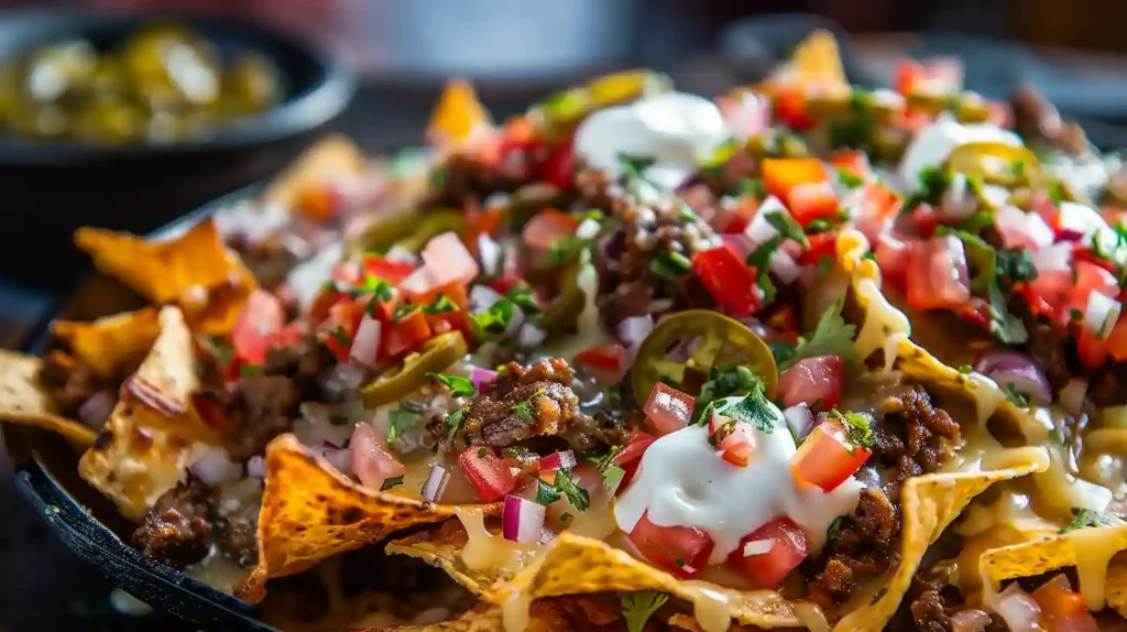 Close-up of loaded nachos salad with cheese sauce and vibrant vegetables.