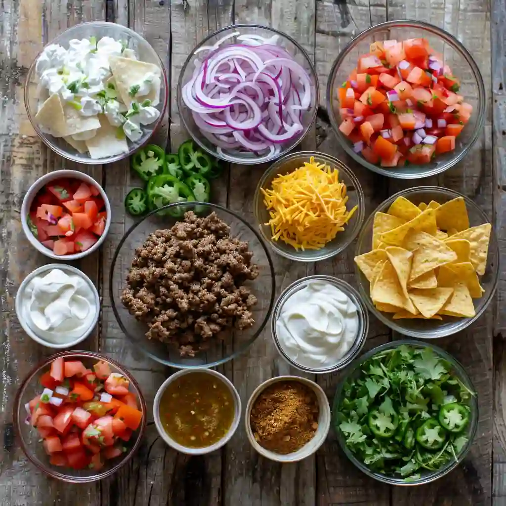 Ingredients for loaded nachos salad displayed in bowls on a rustic table.