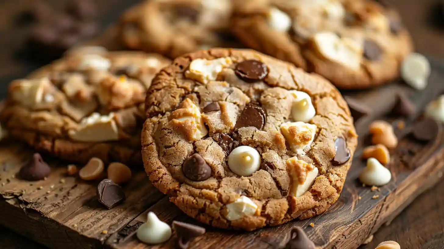 Freshly baked marry-me-cookies with chunks of white and dark chocolate