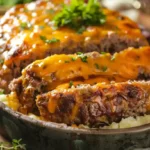 Meatloaf with mashed potatoes and cheese topped with melted cheddar