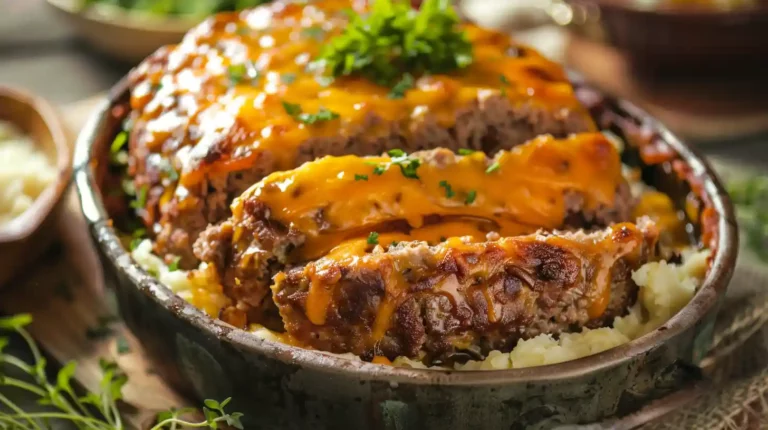 Meatloaf with mashed potatoes and cheese topped with melted cheddar