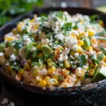 Ingredients for Mexican street corn pasta salad including rotini, avocado, corn, and cheese