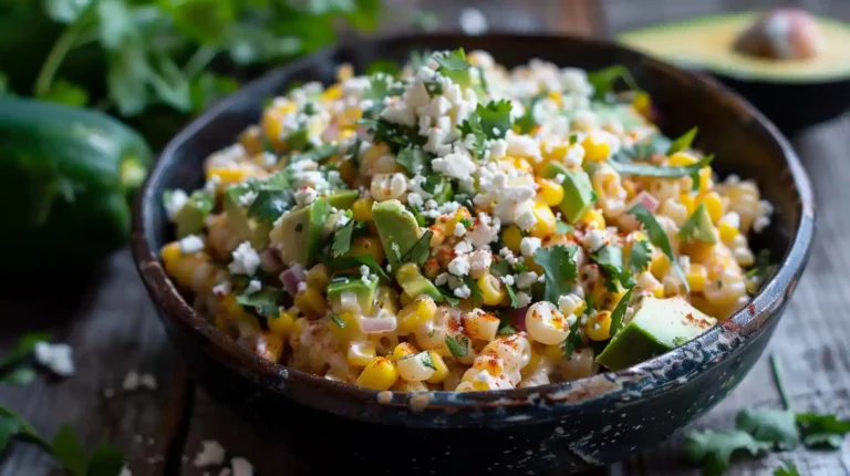 Ingredients for Mexican street corn pasta salad including rotini, avocado, corn, and cheese