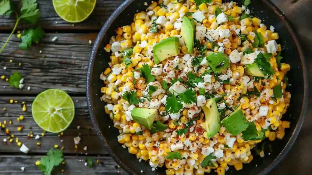 Overhead view of Mexican street corn pasta salad garnished with avocado