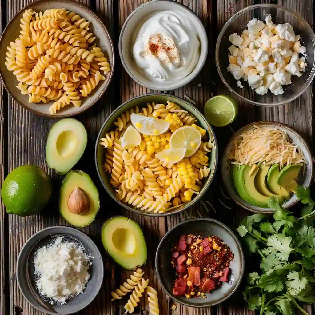 Ingredients for Mexican street corn pasta salad including rotini, avocado, corn, and cheese