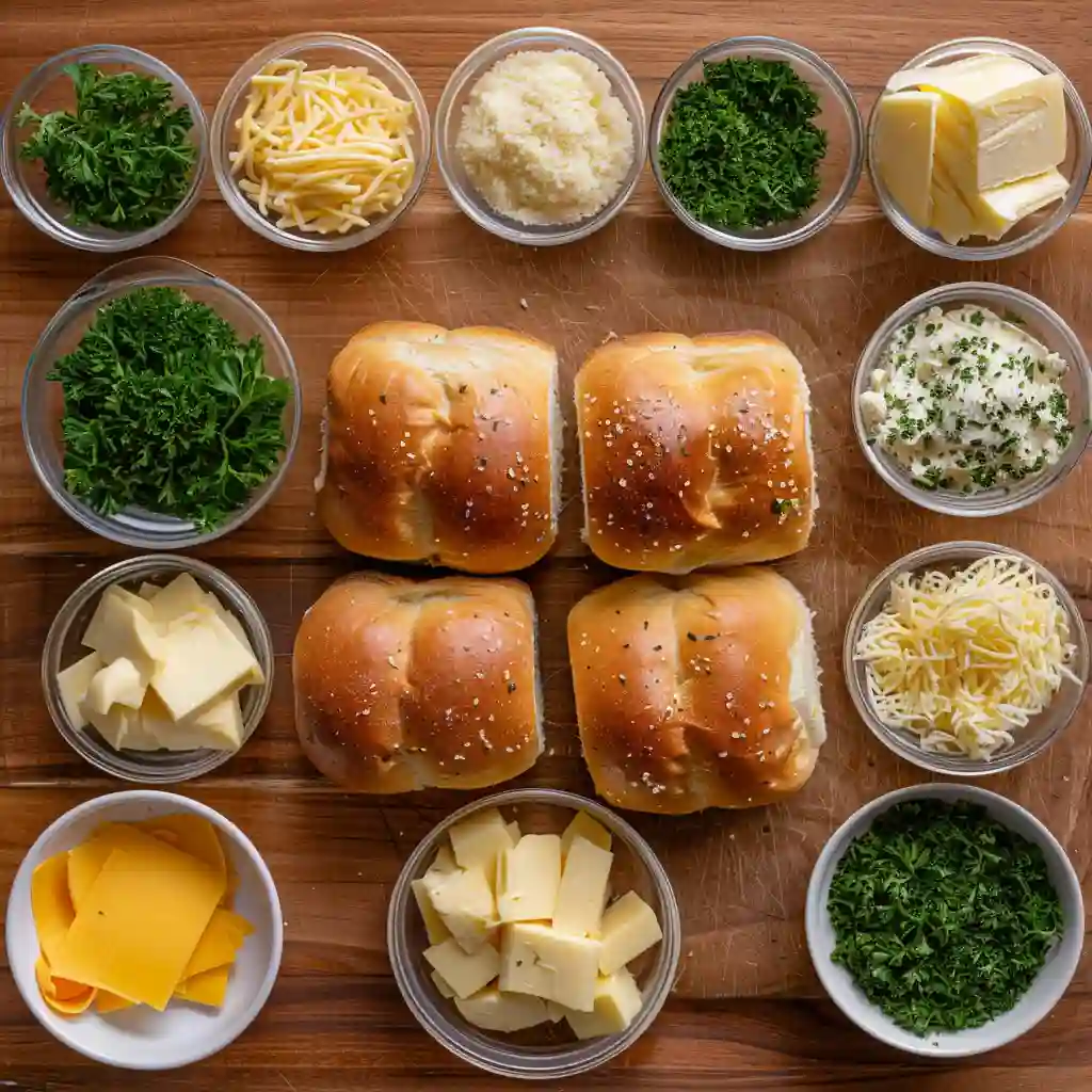 Ingredients for mini grilled cheese Hawaiian rolls including buns, cheese, and butter