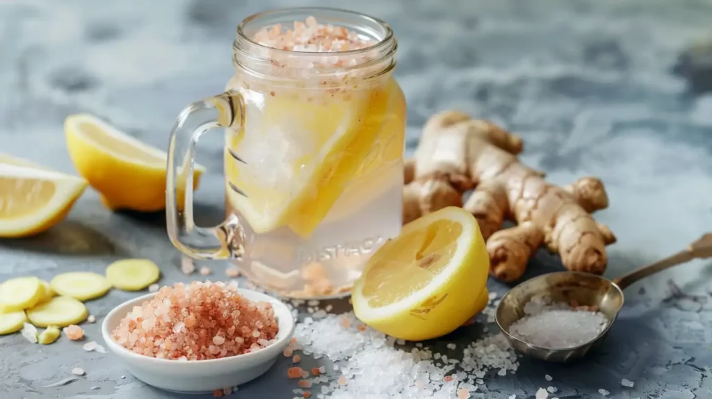 Glass of Mounjaro drink with lemon and ginger surrounded by pink salt