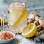Glass of Mounjaro drink with lemon and ginger surrounded by pink salt