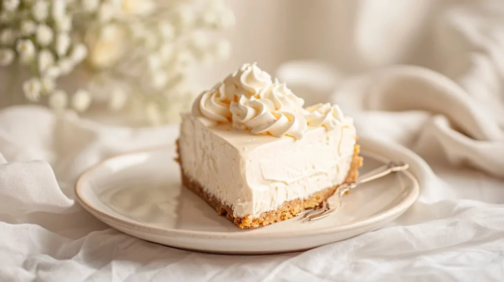 Close-up of creamy no-bake marshmallow cheesecake on a white plate
