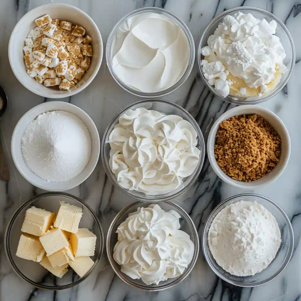 Ingredients for no-bake marshmallow cheesecake with cream cheese and whipped topping