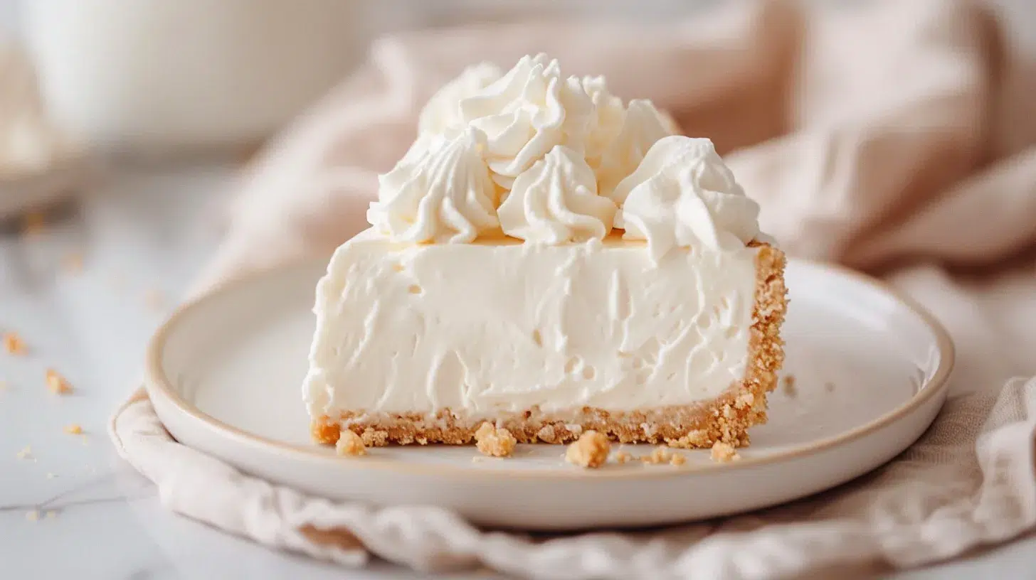 Side view of no-bake marshmallow cheesecake topped with whipped cream
