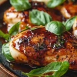 Glazed One Pan Balsamic Chicken garnished with fresh basil
