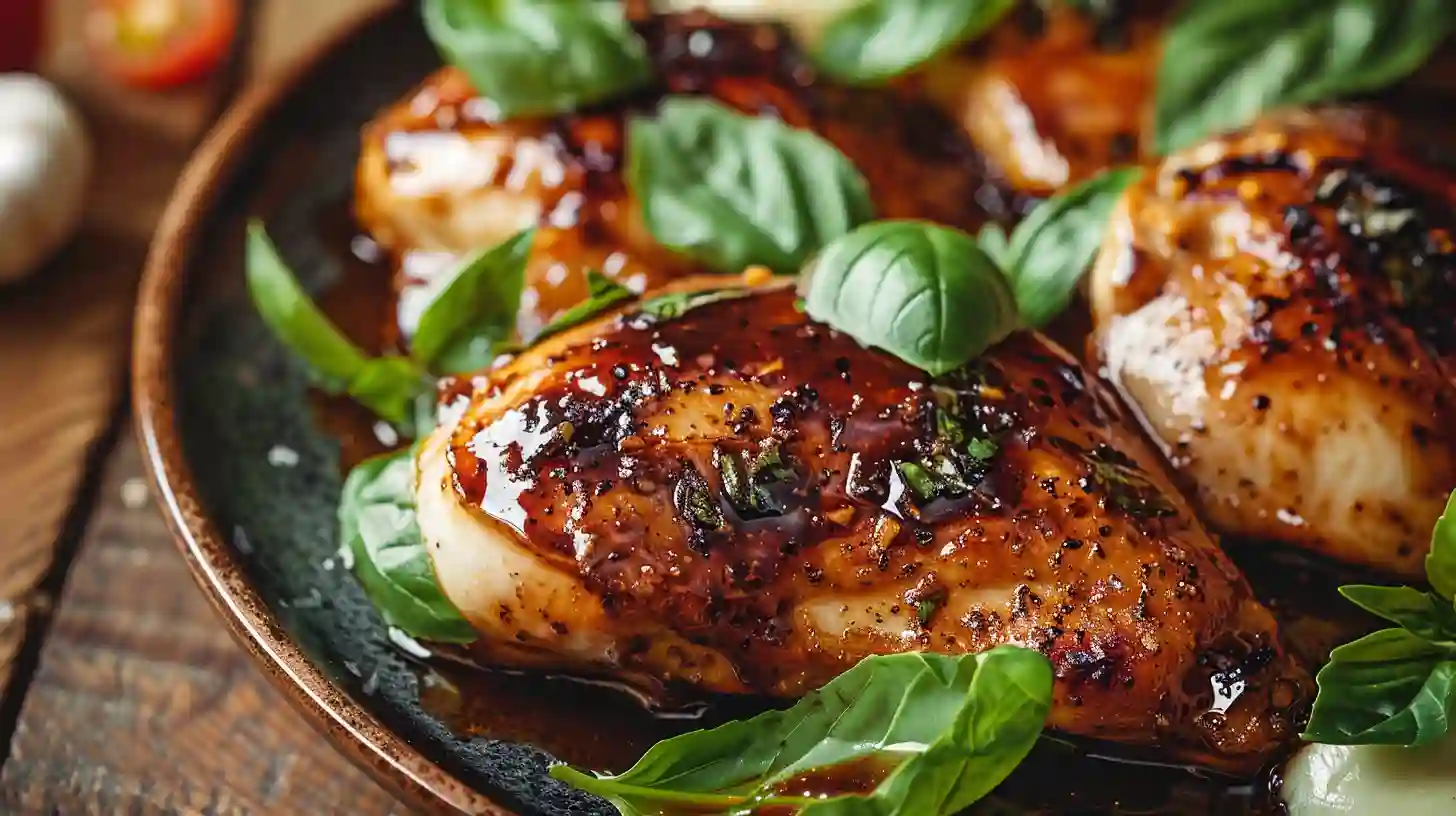 Glazed One Pan Balsamic Chicken garnished with fresh basil