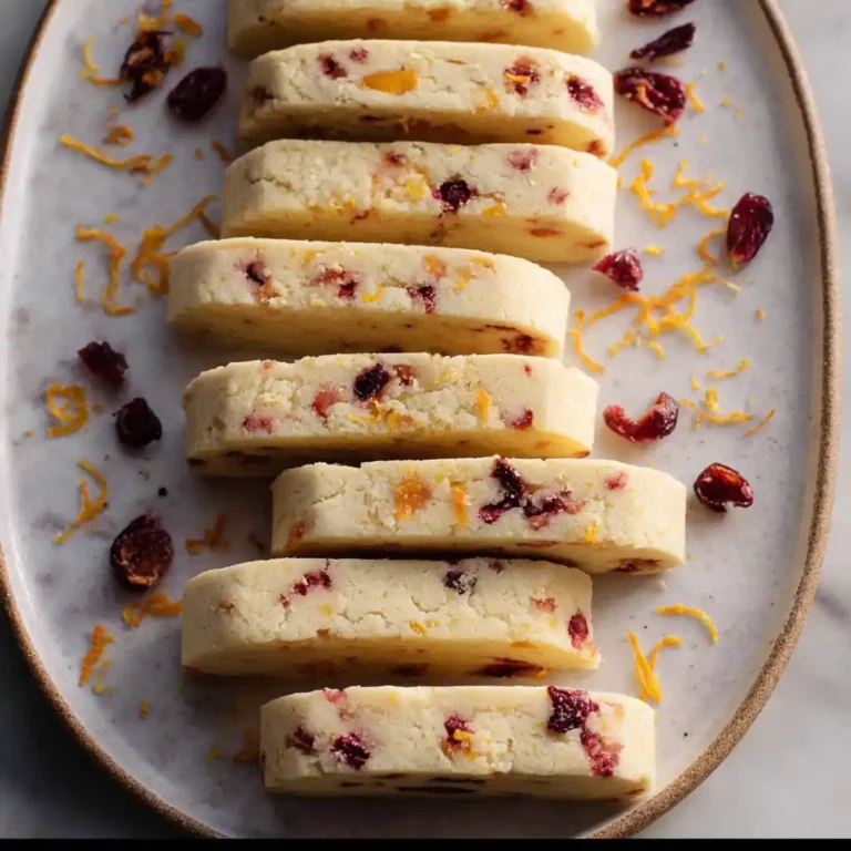 Orange cranberry shortbread cookies neatly arranged on a plate
