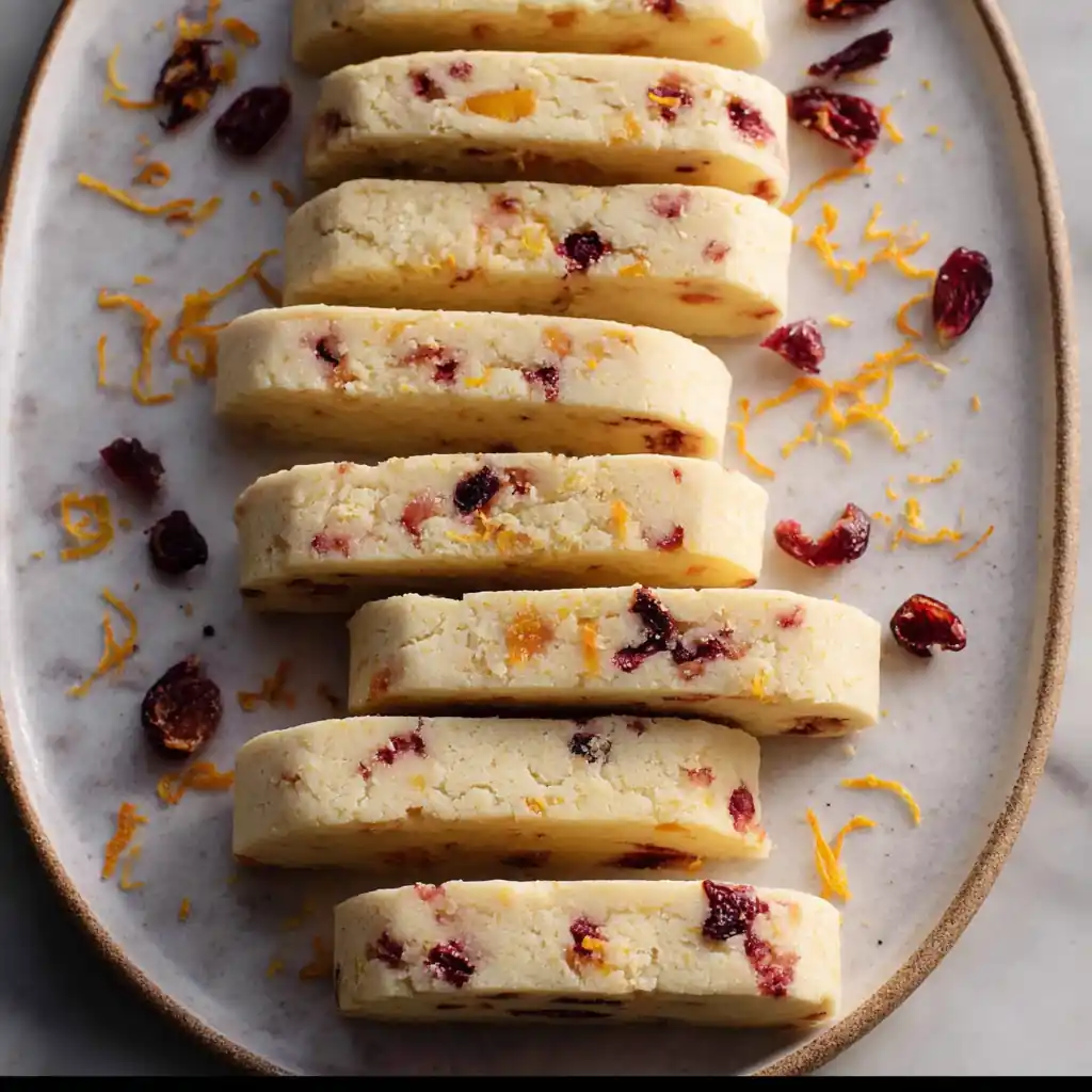 Orange cranberry shortbread cookies neatly arranged on a plate