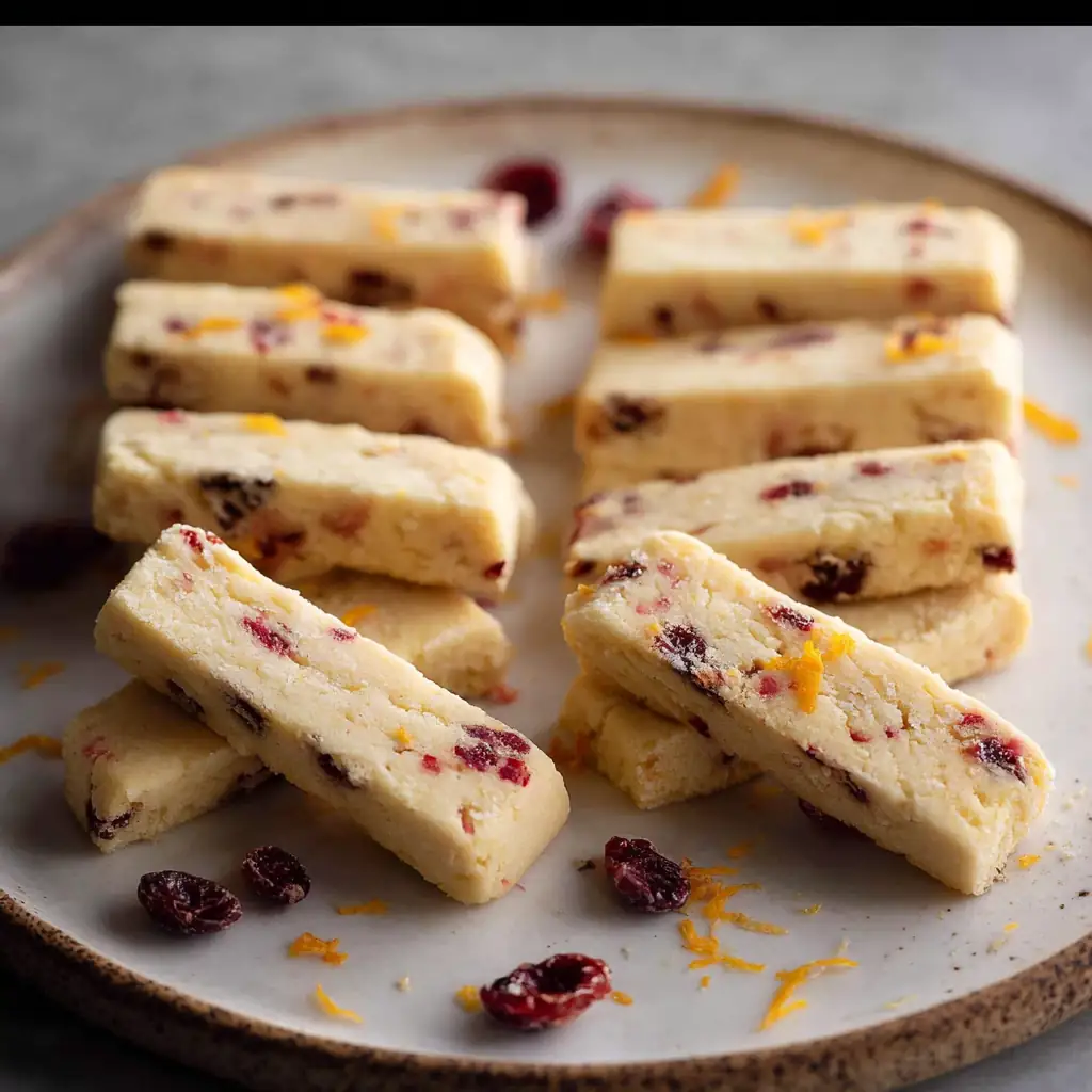 Stack of orange cranberry shortbread cookies with visible zest and berries