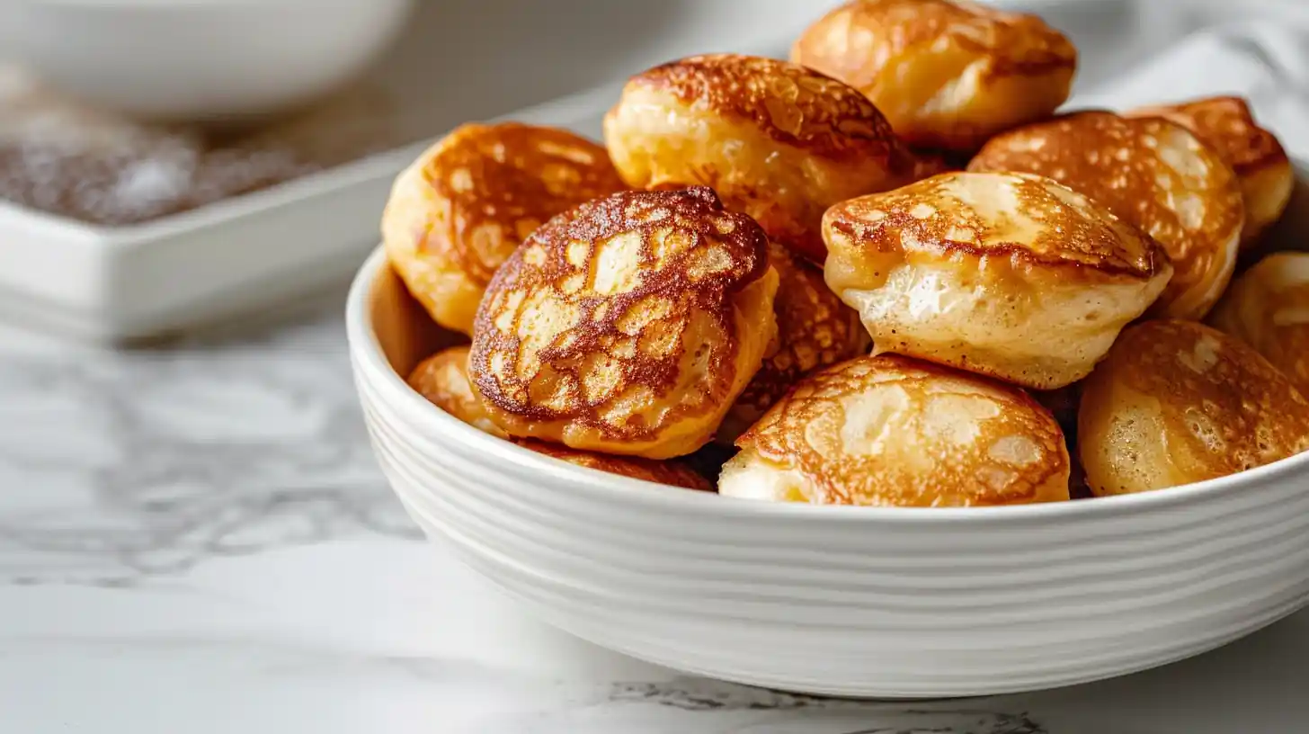Golden brown pancake poppers in a bowl