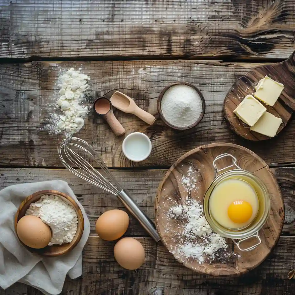Ingredients for pancake poppers including flour, eggs, and butter