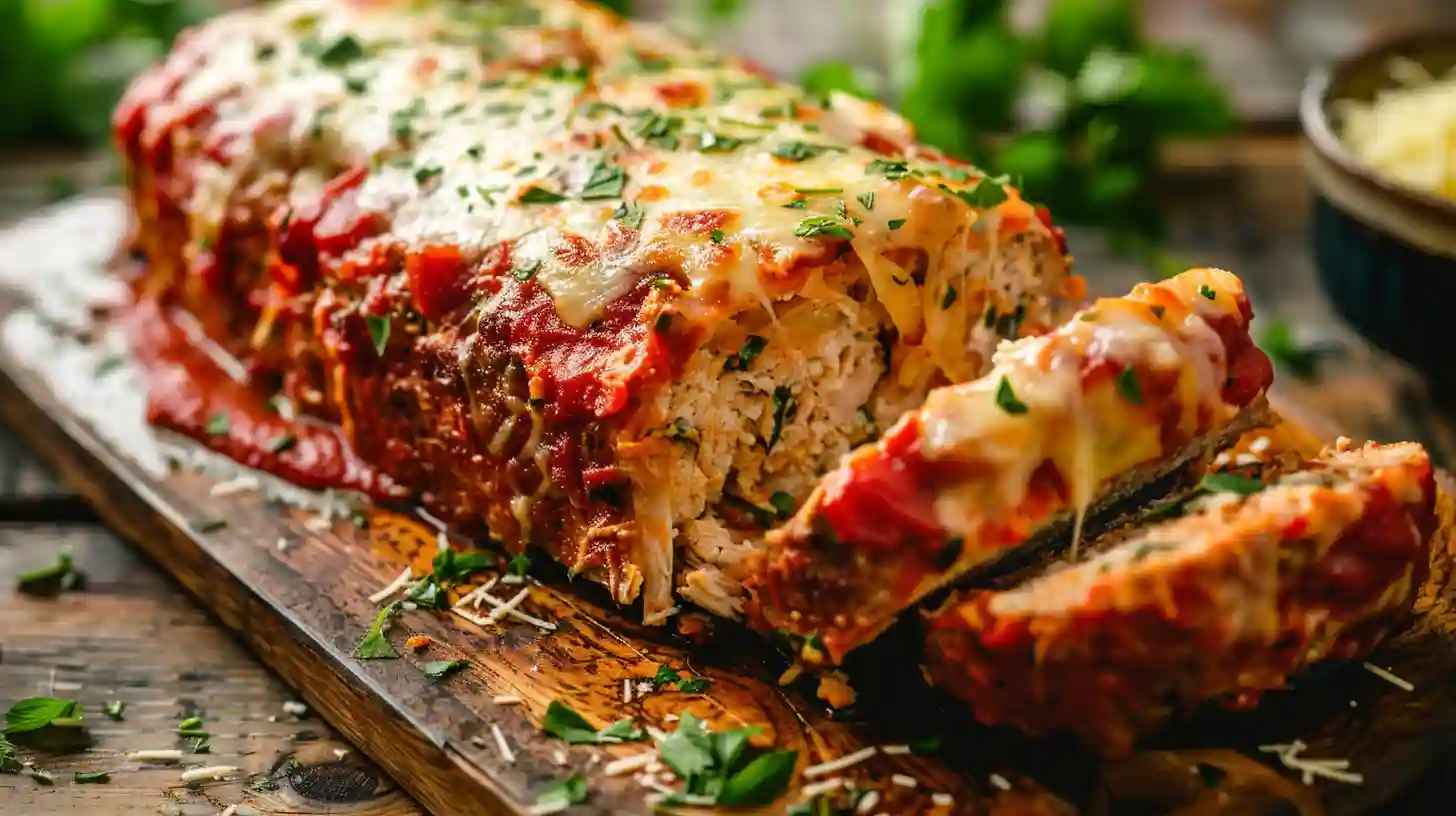 Parmesan chicken meatloaf topped with melted cheese and marinara sauce