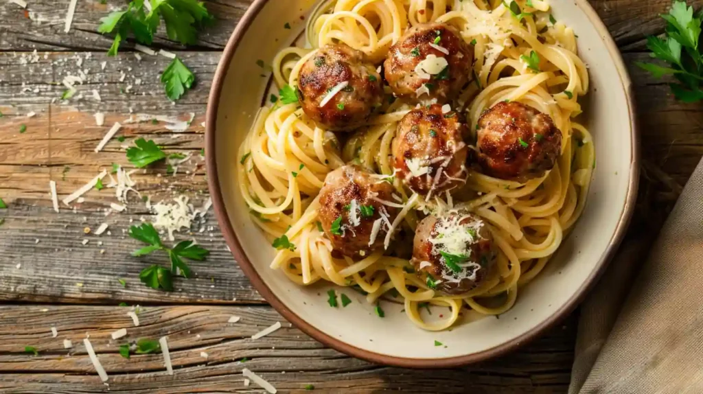 Parmesan linguine garlic butter meatballs served on a rustic wooden table
