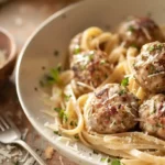 Creamy parmesan linguine with garlic butter meatballs and fresh herbs