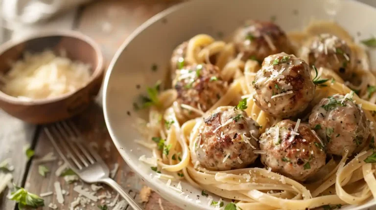 Creamy parmesan linguine with garlic butter meatballs and fresh herbs