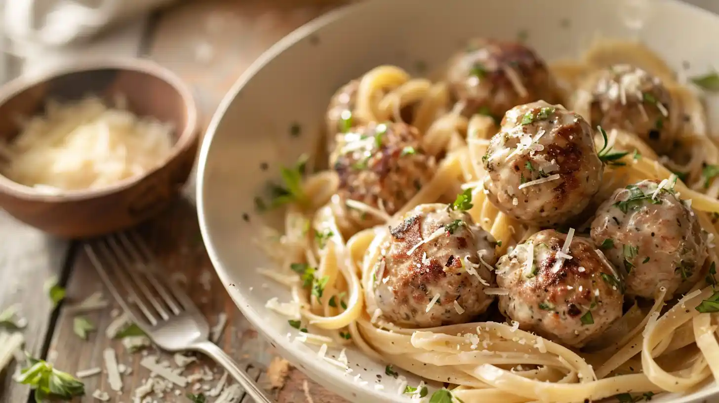 Creamy parmesan linguine with garlic butter meatballs and fresh herbs