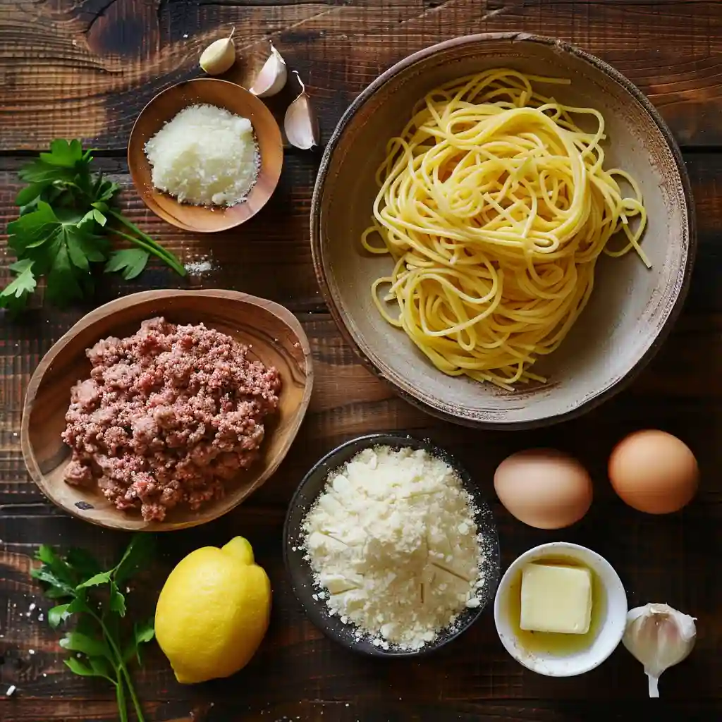 Ingredients for Parmesan Linguine & Garlic Butter Meatballs  including pasta, ground beef, and cheese